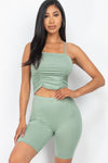 Light Green Camisole Ruched Sleeveless Top & Biker Shorts Set