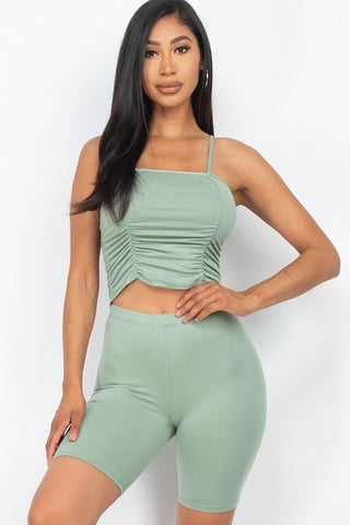 Light Green Camisole Ruched Sleeveless Top & Biker Shorts Set