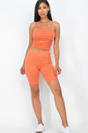 Orange Camisole Ruched Sleeveless Top & Biker Shorts Set
