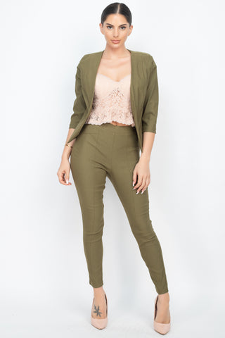 Military Green 3/4 Sleeve Blazer & Capri Pants Set