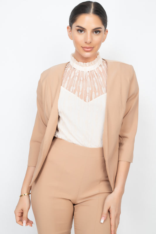 Brown 3/4 Sleeve Blazer & Capri Pants Set