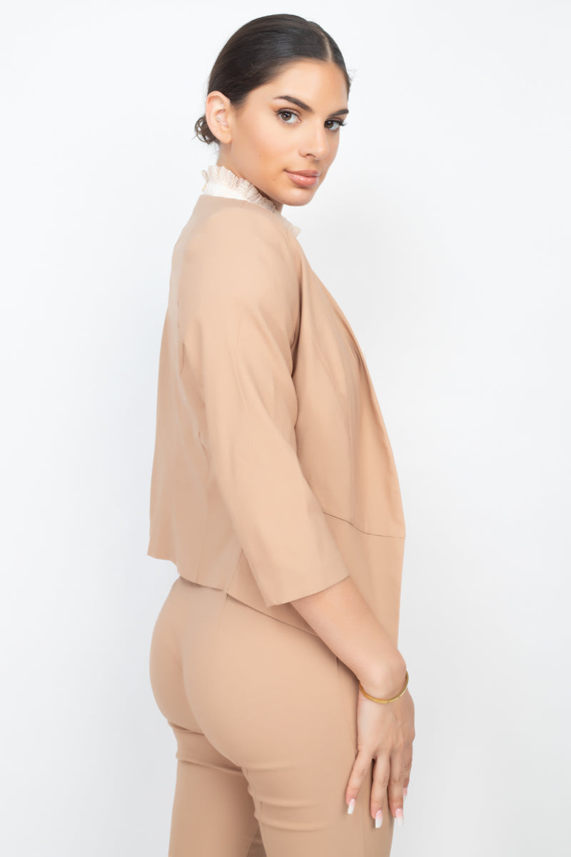 Brown 3/4 Sleeve Blazer & Capri Pants Set