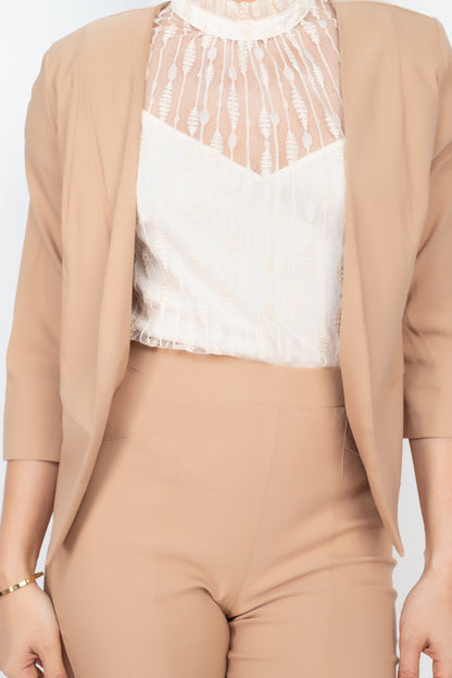 Brown 3/4 Sleeve Blazer & Capri Pants Set