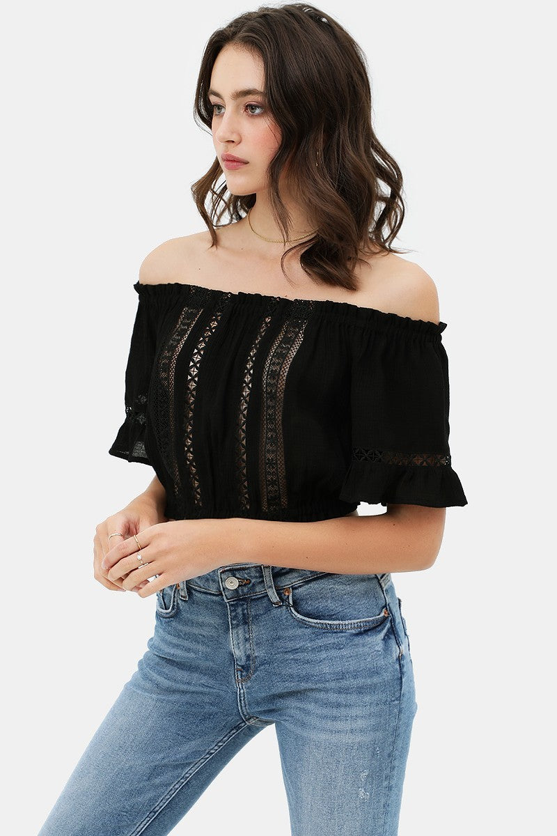 Lace Trim Off The Shoulder Cropped Top