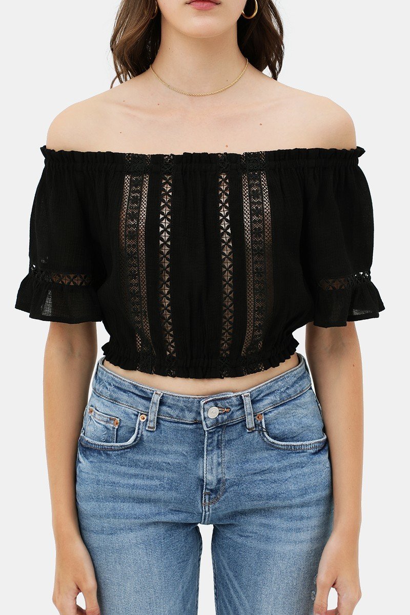 Lace Trim Off The Shoulder Cropped Top