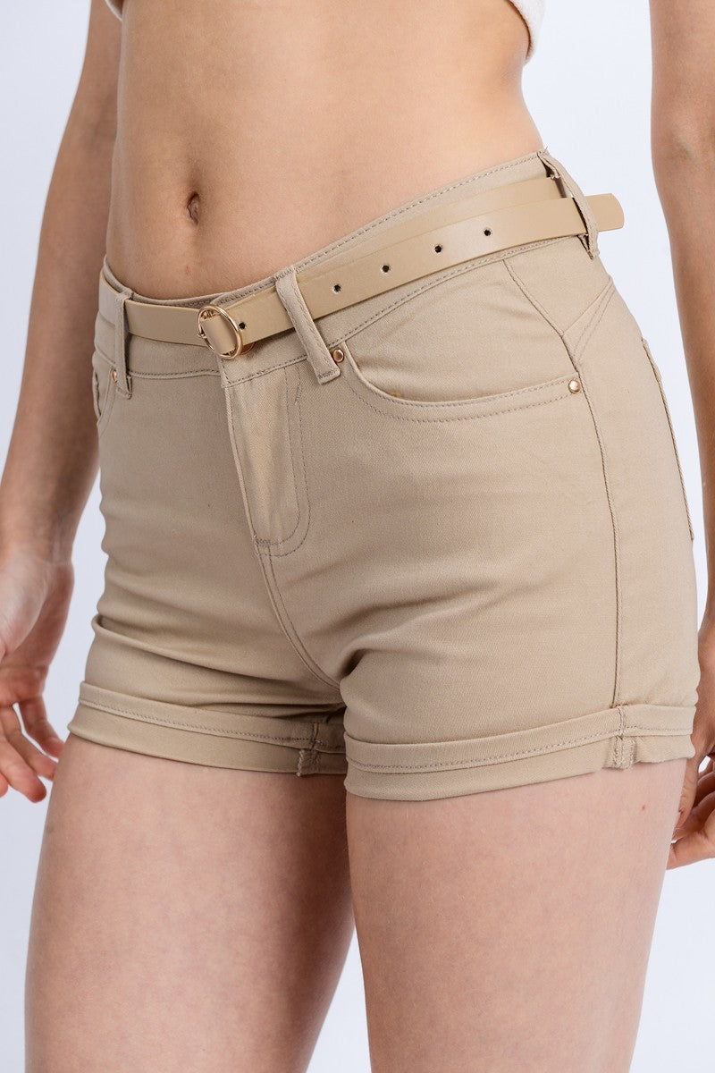 Khaki High Rise 5 Pockets Roll Up Hem Shorts