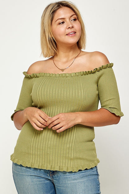 Green Rib Knit Off Shoulder Short Sleeve Top