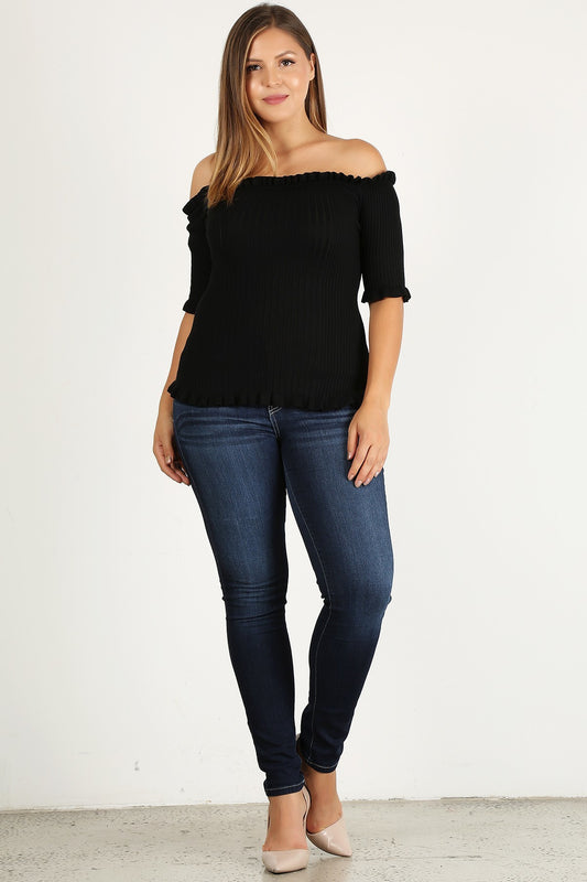 Black Rib Knit Off Shoulder Short Sleeve Top