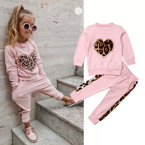 Toddler Jogging Suit Set - Pink Long Sleeve Leopard Pants Outfits