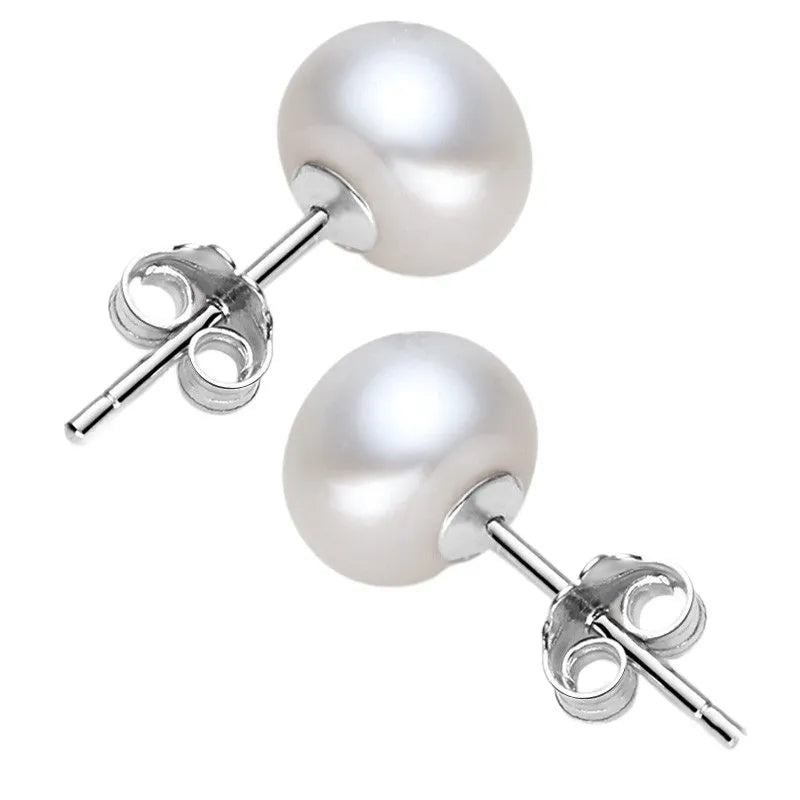 Real 925 Sterling Silver Natural Freshwater Pearl Stud Earrings
