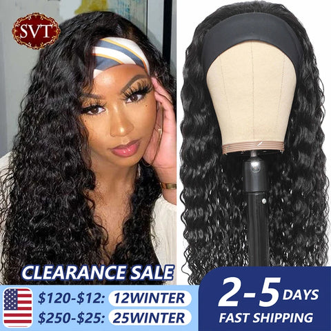 SVT Water Wave Glueless Human Hair Wigs - Long Hair 12-26" Curly Headband - Natural Color
