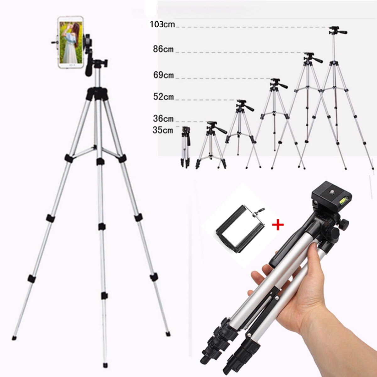 Portable Tripod Stand For Mobile Phone / Camera With Mobile Phone Clip Holder For iPhone & Samsung