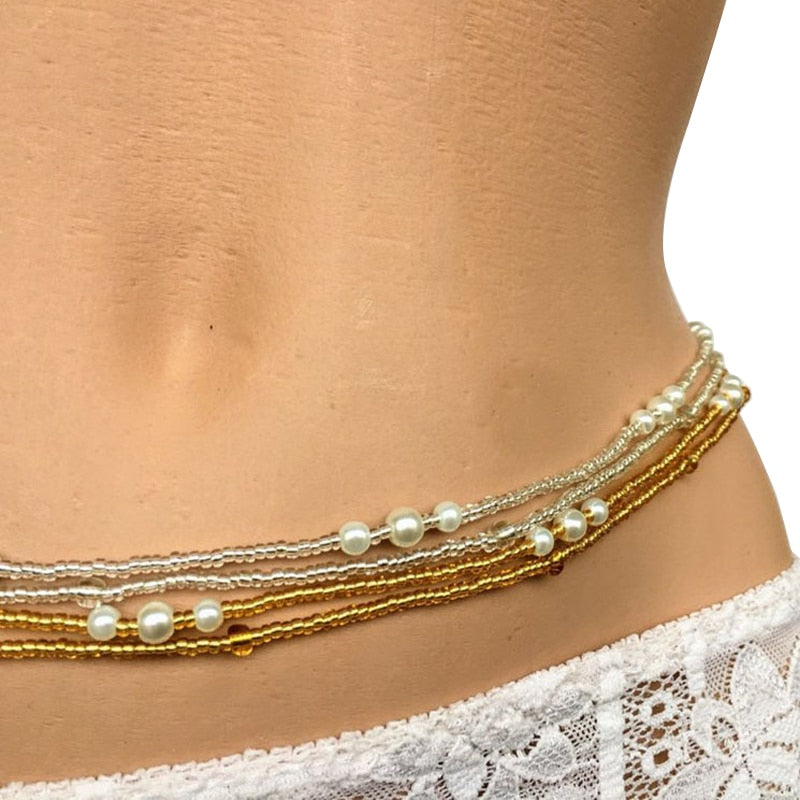 Bohemia Double Strand Waist Pearl Bead Body Jewelry, Elastic Waist Chain, Body African Waists Bead