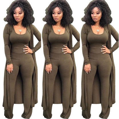 Solid Color 3 Piece Long Sleeve Cardigan Set