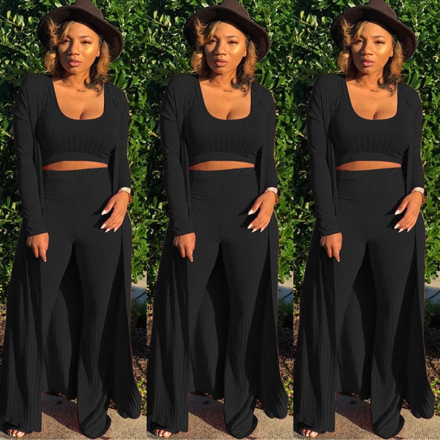 Solid Color 3 Piece Long Sleeve Cardigan Set