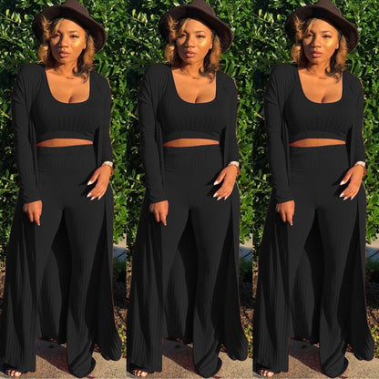 Solid Color 3 Piece Long Sleeve Cardigan Set