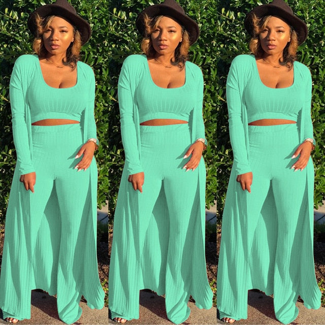 Solid Color 3 Piece Long Sleeve Cardigan Set