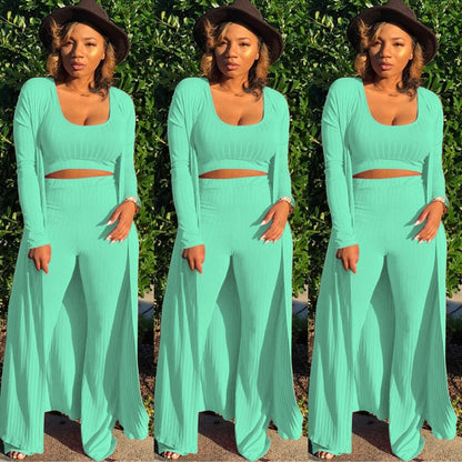Solid Color 3 Piece Long Sleeve Cardigan Set
