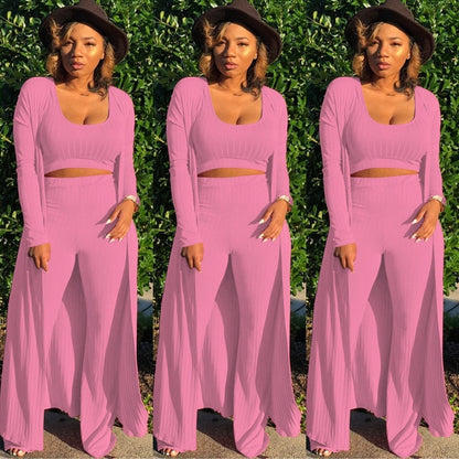 Solid Color 3 Piece Long Sleeve Cardigan Set