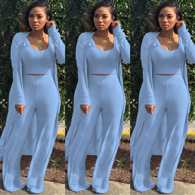 Solid Color 3 Piece Long Sleeve Cardigan Set