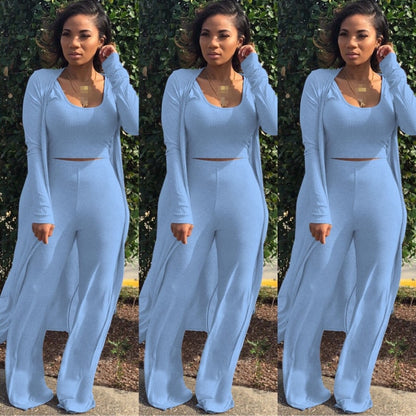 Solid Color 3 Piece Long Sleeve Cardigan Set