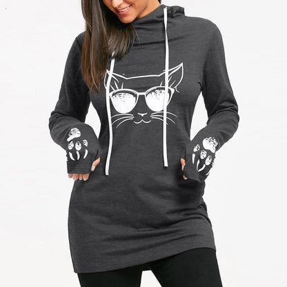 Cat Printed Drawstring Hoodie