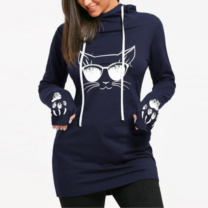 Cat Printed Drawstring Hoodie