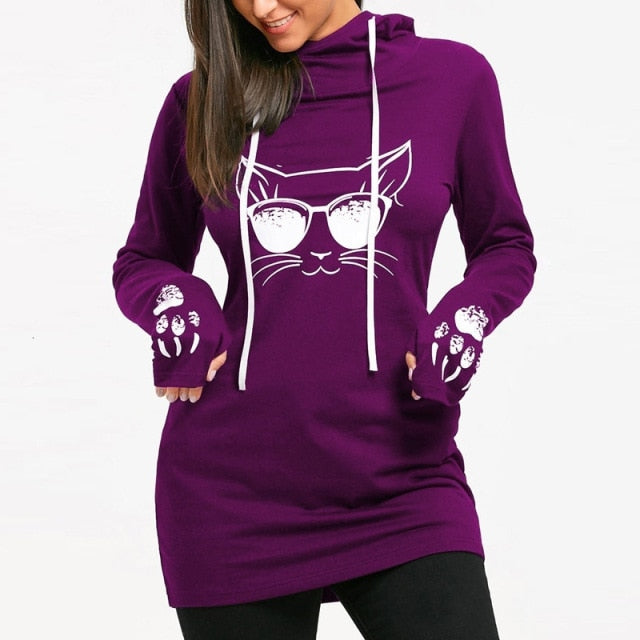 Cat Printed Drawstring Hoodie