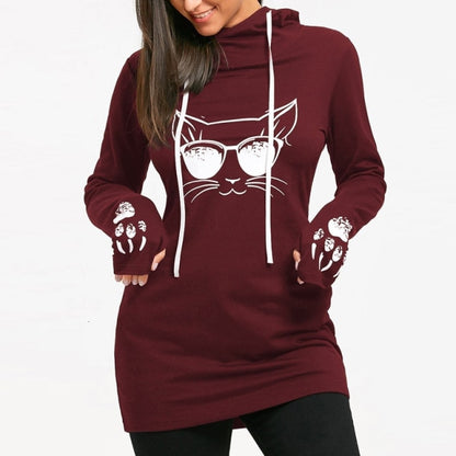 Cat Printed Drawstring Hoodie