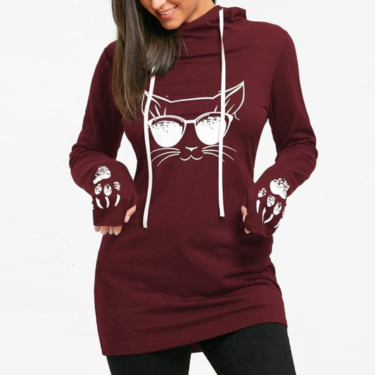 Cat Printed Drawstring Hoodie