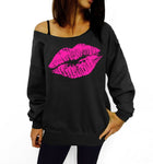 Printed Lip Off The Shoulder Sweatshirt