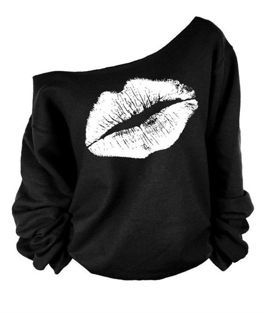 Printed Lip Off The Shoulder Sweatshirt