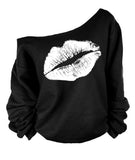Printed Lip Off The Shoulder Sweatshirt