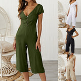 Casual Short-sleeved Deep V-Neck Short Jumpsuit