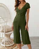 Casual Short-sleeved Deep V-Neck Short Jumpsuit
