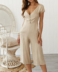 Casual Short-sleeved Deep V-Neck Short Jumpsuit
