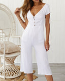 Casual Short-sleeved Deep V-Neck Short Jumpsuit
