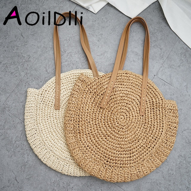 Vintage Round Straw Beach Bag