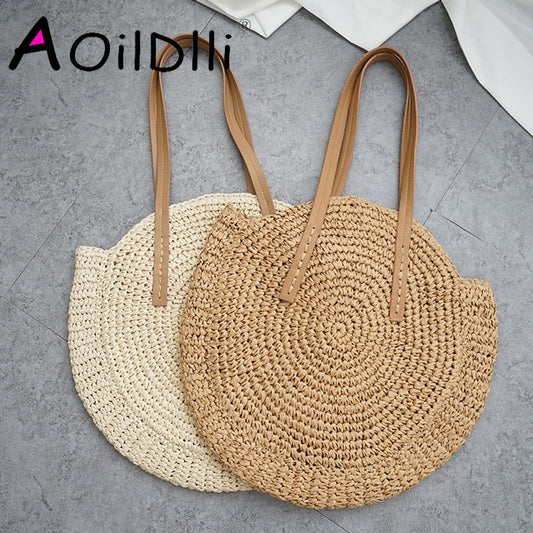 Vintage Round Straw Beach Bag