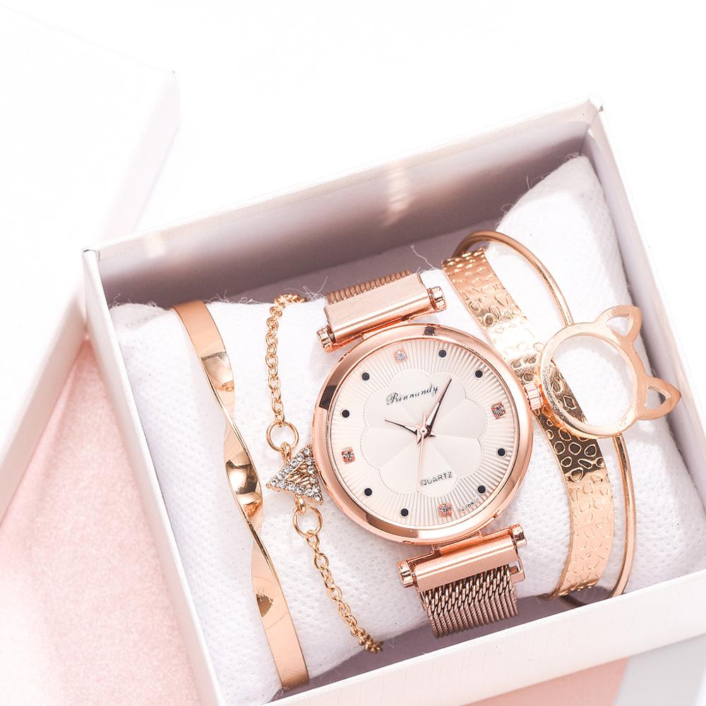 Fashion 5 Piece Magnet Buckle Wrist Watch And Bracelet Set