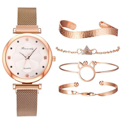 Fashion 5 Piece Magnet Buckle Wrist Watch And Bracelet Set