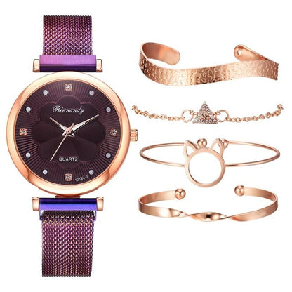 Fashion 5 Piece Magnet Buckle Wrist Watch And Bracelet Set