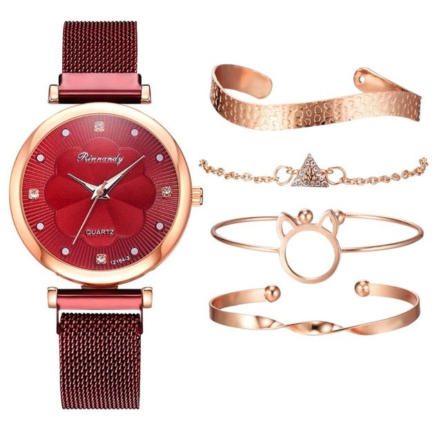 Fashion 5 Piece Magnet Buckle Wrist Watch And Bracelet Set