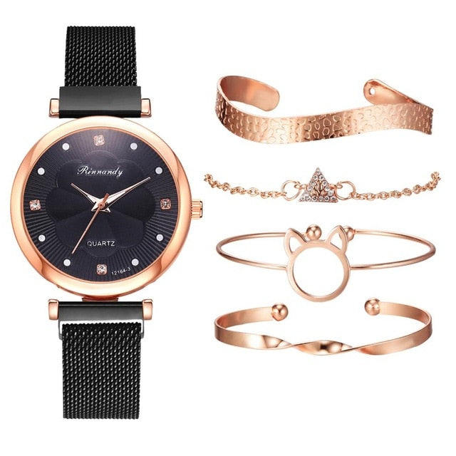 Fashion 5 Piece Magnet Buckle Wrist Watch And Bracelet Set