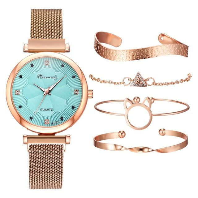 Fashion 5 Piece Magnet Buckle Wrist Watch And Bracelet Set