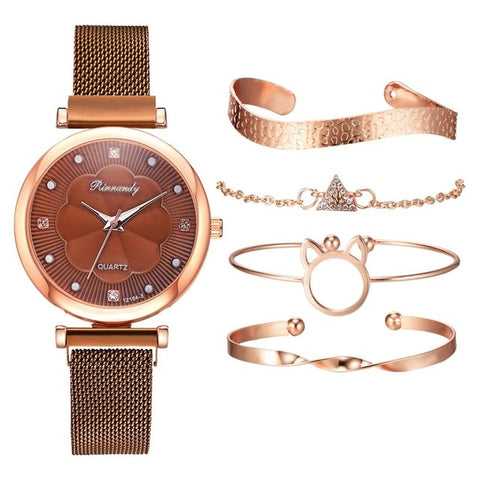 Fashion 5 Piece Magnet Buckle Wrist Watch And Bracelet Set