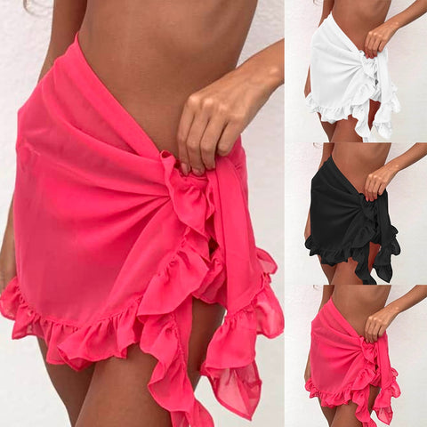 Solid Color Ruffled Lace-Up Bikini Cover Up