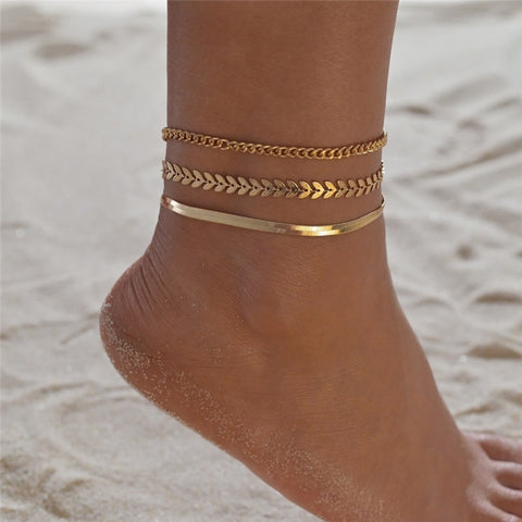 3 Piece Gold Color Chain Anklets