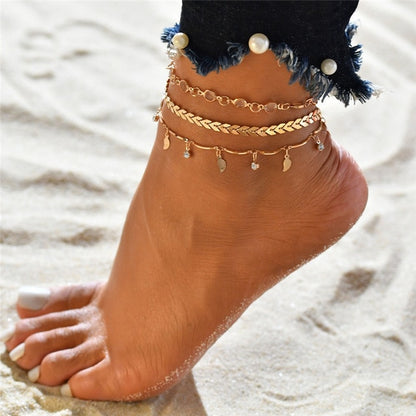 3 Piece Gold Color Chain Anklets