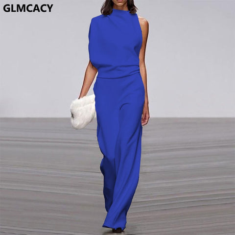 Solid Color One Shoulder Long Jumpsuit